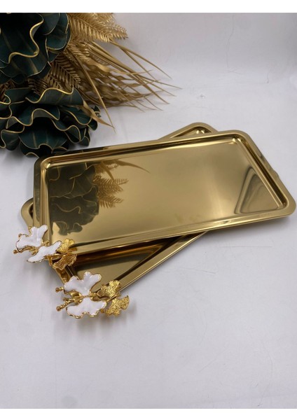 Paslanmaz Metal Çay ve Kahve Sunum Tepsisi, 33X18 Cm, 2'li Kelebekli Tasarım