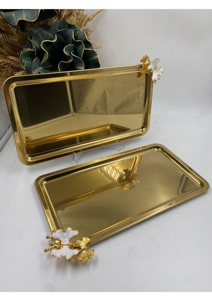 Paslanmaz Metal Çay ve Kahve Sunum Tepsisi, 33X18 Cm, 2'li Kelebekli Tasarım modelleri