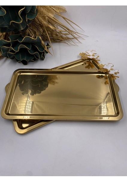 Paslanmaz Metal Çay ve Kahve Sunum Tepsisi, 33X18 Cm, 2'li Kelebekli Tasarım fırsatları