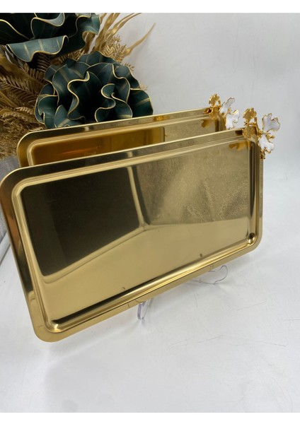 Paslanmaz Metal Çay ve Kahve Sunum Tepsisi, 33X18 Cm, 2'li Kelebekli Tasarım indirimleri