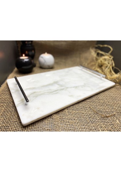 Doğal Mermer Tepsi 25X40CM Gümüş Slim Kulp, Çok Renkli, Şık ve Zarif Tasarım