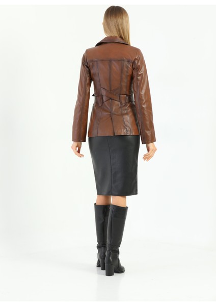 Bayan Kuşaklı Hakiki Deri Ceket