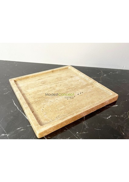 Doğal Traverten Tepsi, Banyo Düzenleyici, Kare Sunum Tabağı, Organizer, Sarı