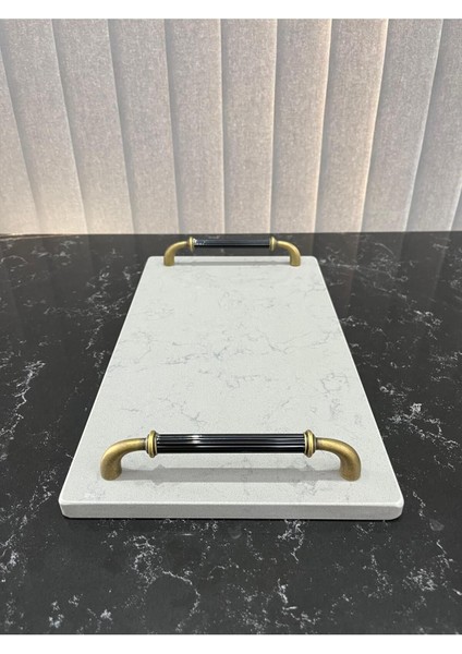 Gri Kuvars Gerçek Mermer Sunum ve Nişan Tepsisi 40X22