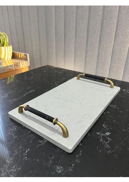 Gri Kuvars Gerçek Mermer Sunum ve Nişan Tepsisi 40X22 modelleri