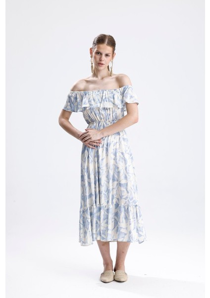 Beli Lastikli Fırfırlı Viskon Elbise Çiçek Desenli - Mavi