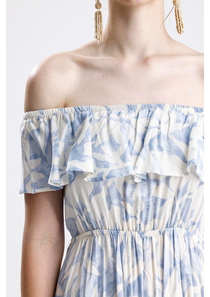 Beli Lastikli Fırfırlı Viskon Elbise Çiçek Desenli - Mavi fiyatları