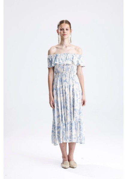 Beli Lastikli Fırfırlı Viskon Elbise Çiçek Desenli - Mavi modelleri