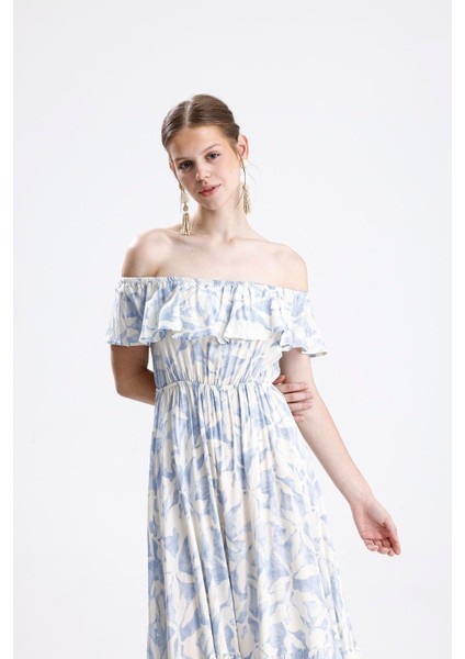 Beli Lastikli Fırfırlı Viskon Elbise Çiçek Desenli - Mavi fırsatları