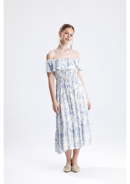 Beli Lastikli Fırfırlı Viskon Elbise Çiçek Desenli - Mavi