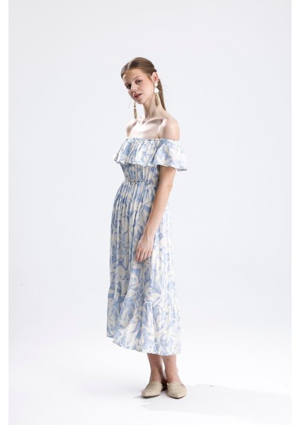 Beli Lastikli Fırfırlı Viskon Elbise Çiçek Desenli - Mavi