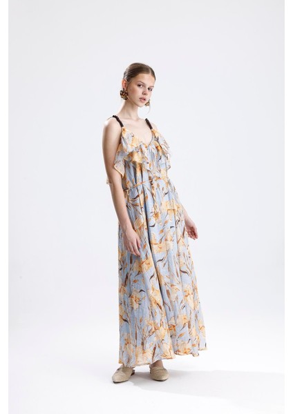 Çiçek Desenli Fırfır Detaylı Uzun Elbise - Mavi indirimleri