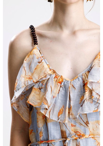 Çiçek Desenli Fırfır Detaylı Uzun Elbise - Mavi