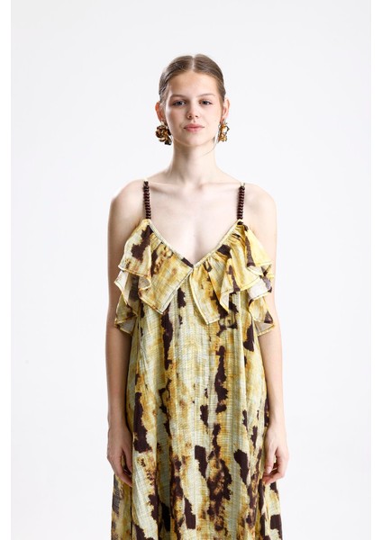 Batik Desenli Fırfır Detaylı Uzun Elbise - Sarı fiyatları