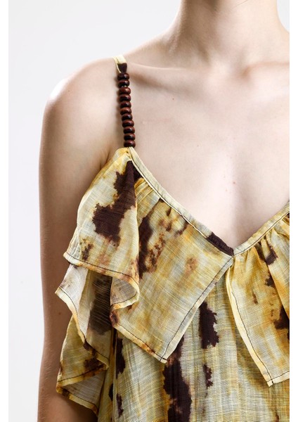 Batik Desenli Fırfır Detaylı Uzun Elbise - Sarı fırsatları