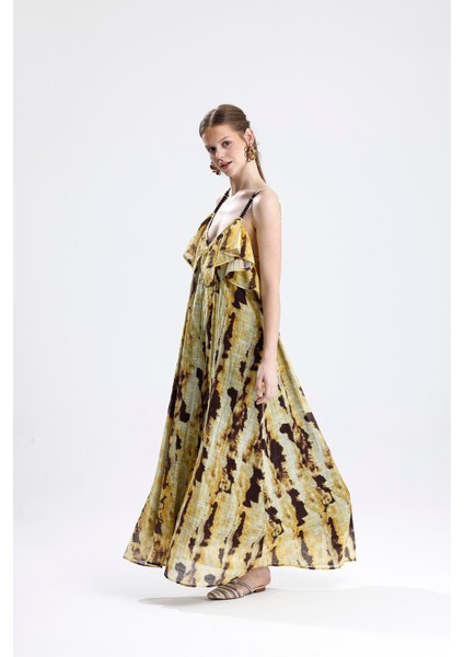 Batik Desenli Fırfır Detaylı Uzun Elbise - Sarı