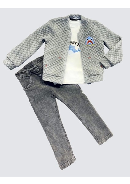4-5-6 Yaş Kot Pantolonlu Pilot Mont Uzun Kollu Penye Sweat 3lü Erkek Çocuk Takımı Gri