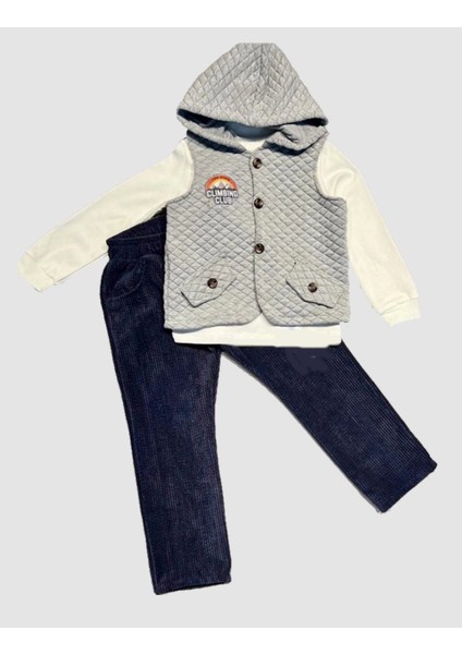 3-4-5 Yaş Fitilli Kadife Pantolon Kapitone Kapşonlu Yelek Uzun Kollu Sweat 3lü Erkek Çocuk Takımı Gri