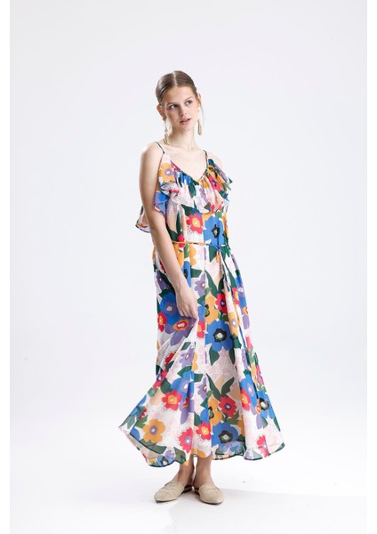 Fırfır Detaylı Çiçek Desenli Şifon Elbise - Sarı