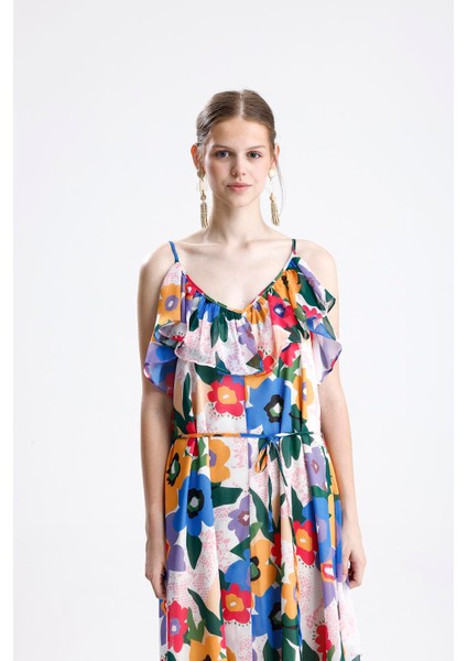 Fırfır Detaylı Çiçek Desenli Şifon Elbise - Sarı fiyatları