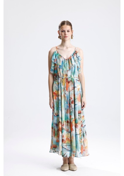 Fırfır Detaylı Çiçek Desenli Şifon Elbise - Yeşil