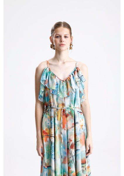 Fırfır Detaylı Çiçek Desenli Şifon Elbise - Yeşil modelleri