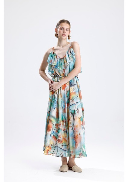 Fırfır Detaylı Çiçek Desenli Şifon Elbise - Yeşil