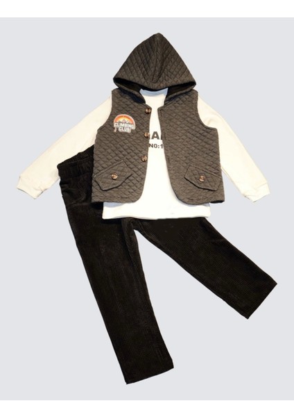 3-4-5 Yaş Fitilli Kadife Pantolon Kapitone Kapşonlu Yelek Uzun Kollu Sweat 3lü Erkek Çocuk Takımı Füme