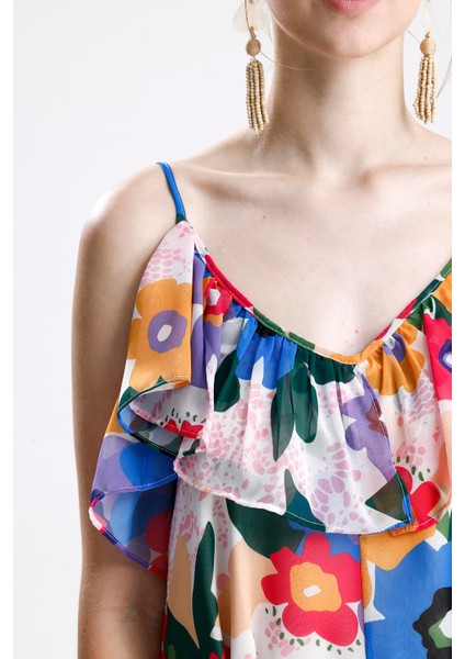 Fırfır Detaylı Çiçek Desenli Şifon Elbise - Sarı modelleri