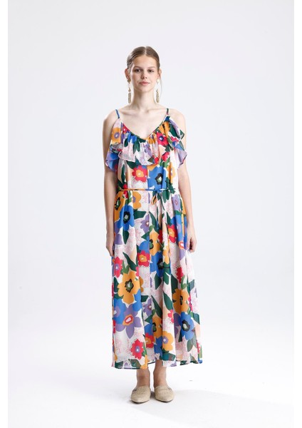 Fırfır Detaylı Çiçek Desenli Şifon Elbise - Sarı fırsatları