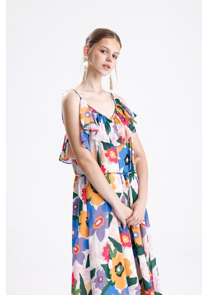 Fırfır Detaylı Çiçek Desenli Şifon Elbise - Sarı indirimleri