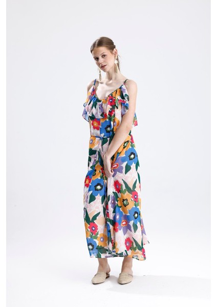 Fırfır Detaylı Çiçek Desenli Şifon Elbise - Sarı