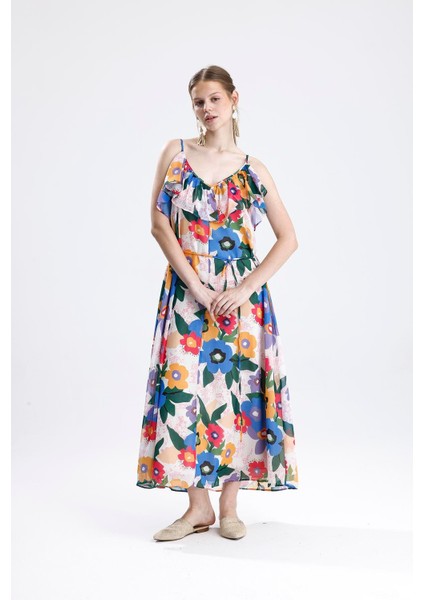 Fırfır Detaylı Çiçek Desenli Şifon Elbise - Sarı