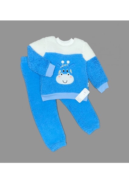 1-2-3 Yaş Ponponlu Zürafa Desenli Kuzu Kumaş Uzun Kollu 2li Kız Erkek Çocuk Takımı Saks Mavisi