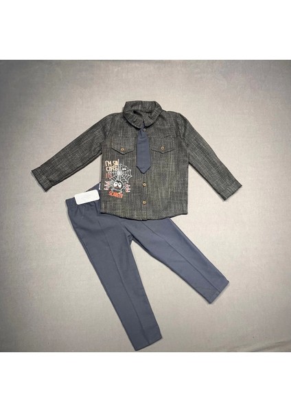 3-4-5 Yaş Kravatlı Keten Gömlek Gabardin Pantolon Uzun Kollu 3lü Erkek Çocuk Takımı Füme