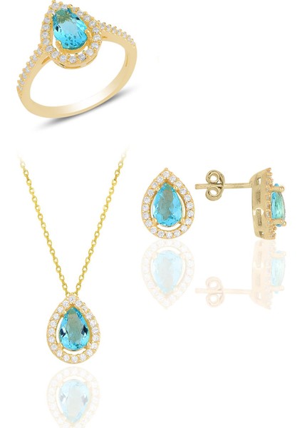 Gümüş Altın Yaldızlı Akuamarin Taşlı Damla Modeli Üçlü Set SGTL11517MAVI