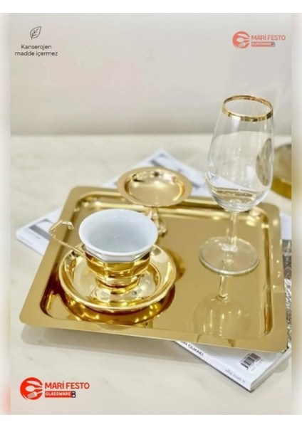 Altı Adet Gold Renk Kare Çelik Kahve Servis Tepsisi, Şık ve Kullanışlı.