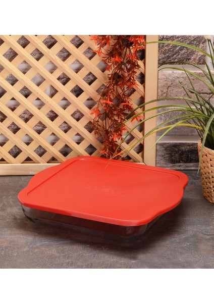 Kare Borcam Tepsi, Kırmızı Kapak, 28X28CM, 3200CC, Dayanıklı ve Şık Tasarım