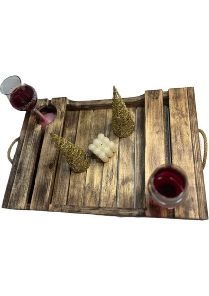 Kahverengi Ahşap Hasır Kulplu Tepsi, Şık ve Doğal Tasarım