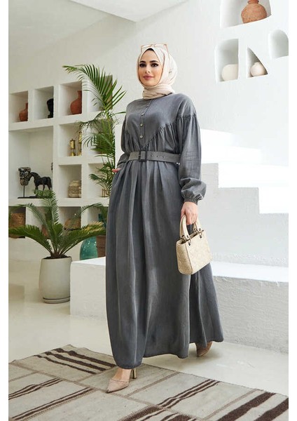 6586-DENIM Büzgülü Elbise Gri