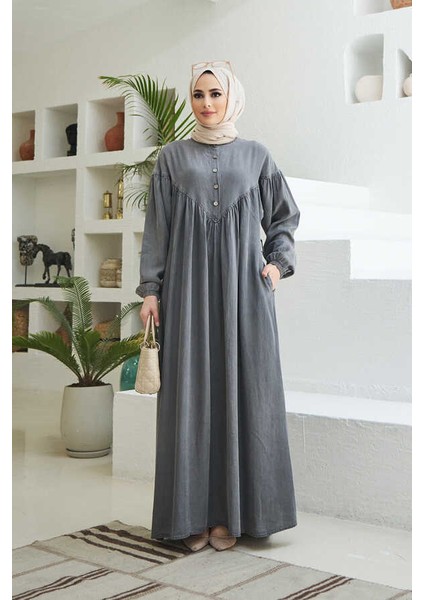 6586-DENIM Büzgülü Elbise Gri fiyatları
