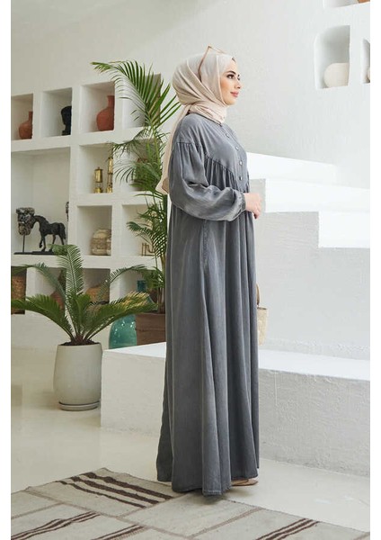 6586-DENIM Büzgülü Elbise Gri modelleri