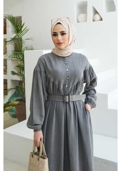 6586-DENIM Büzgülü Elbise Gri fırsatları