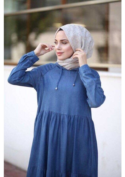 6531-DENIM Kapşonlu Reglan Kollu Elbise Koyu Mavi