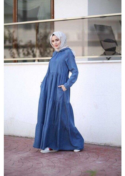 6531-DENIM Kapşonlu Reglan Kollu Elbise Koyu Mavi fiyatları