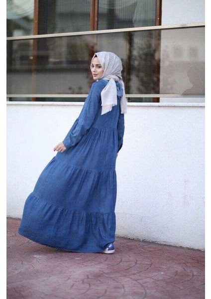 6531-DENIM Kapşonlu Reglan Kollu Elbise Koyu Mavi modelleri