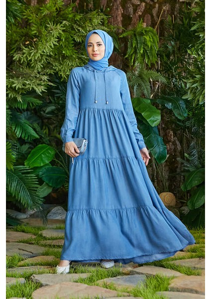6531-DENIM Kapşonlu Reglan Kollu Elbise Mavi fırsatları
