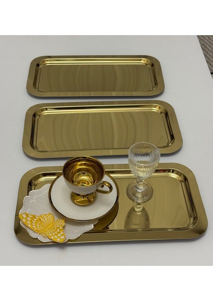 Altı Adet Büyük Gold Renk Dikdörtgen Çelik Servis ve Sunum Tepsisi 18X33 cm modelleri