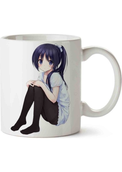 Oturan Anime Kız Karakter Iki Tarafı Baskılı Kupa Bardak