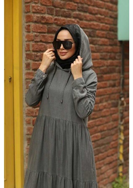 6531-DENIM Kapşonlu Reglan Kollu Elbise Gri